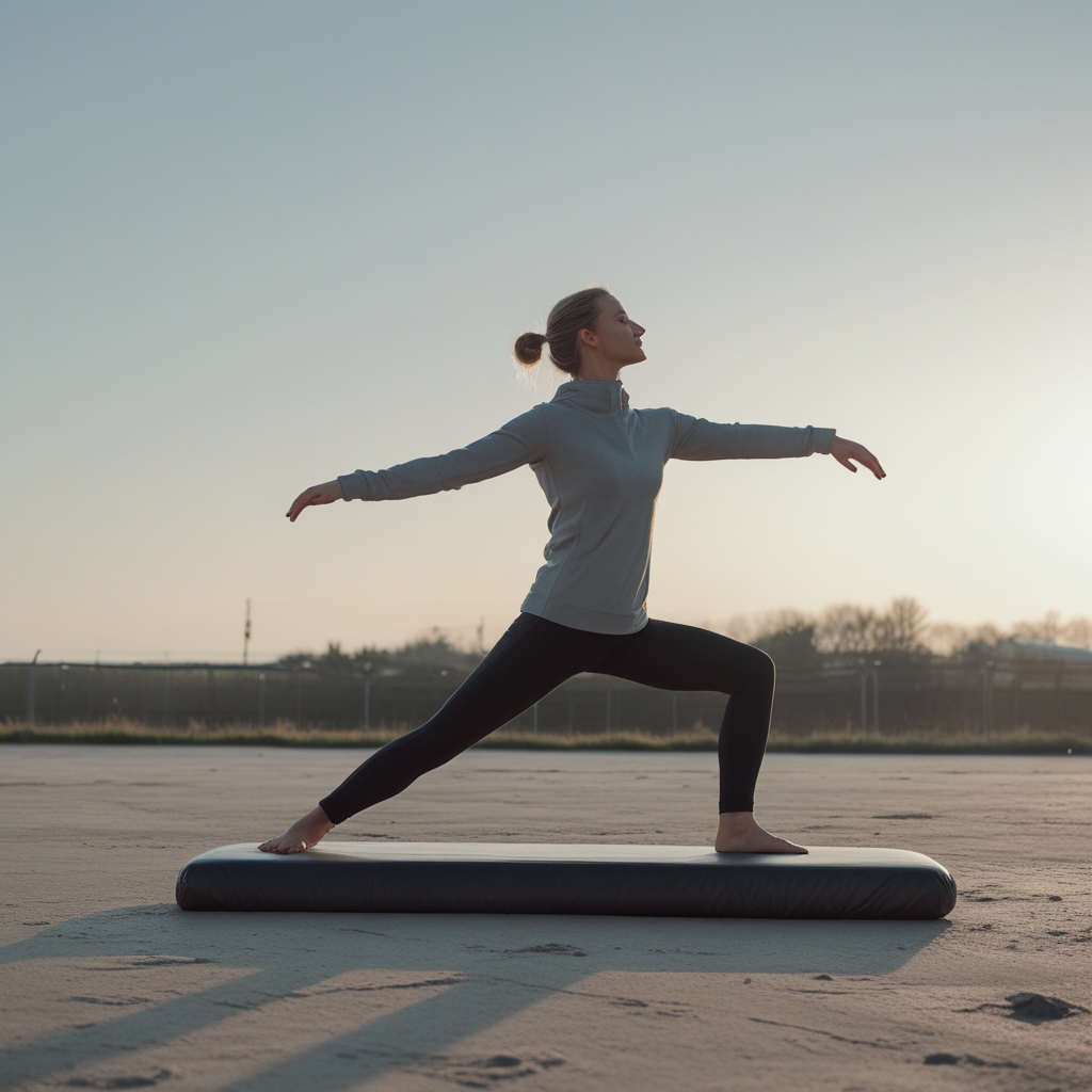 Person in einer ruhigen, kontrollierten Gleichgewichtsposition auf einem hölzernen Balken in einem natürlichen Ambiente, weiches Morgenlicht von der Seite, betont Körperspannung und fließende Haltung ohne sportliche Dramatik