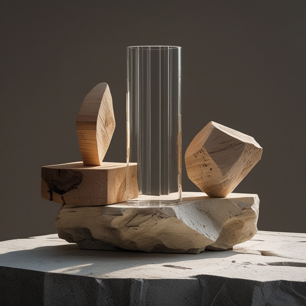 Stillleben mit geometrischen Holzformen und einem klaren Glaszylinder auf einer steinernen Oberfläche, dramatisches Seitenlicht erzeugt tiefe Schatten und klare Konturen, symbolisiert Klarheit und strukturiertes Denken