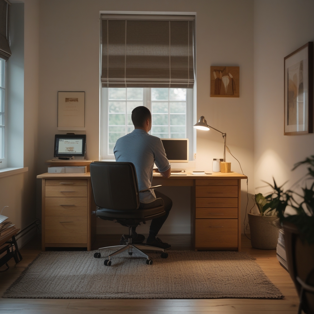Rückenansicht einer sitzenden Person an einem hölzernen Schreibtisch in einem ruhigen, natürlich beleuchteten Büroraum, aufrechte Körperhaltung, warmes Seitenlicht, Texturen von Holz und Stoff, keine Person erkennbar im Gesicht