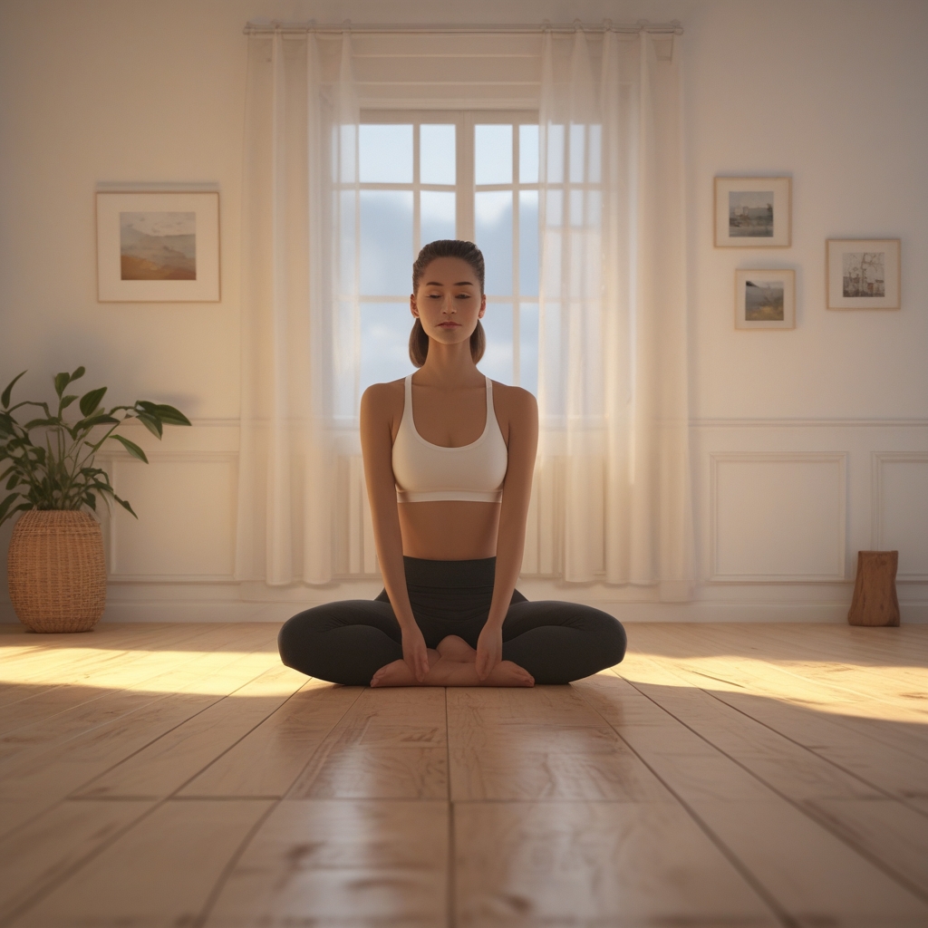 Person in einer sanften, tiefen Dehnposition auf einem Holzboden in einem ruhigen, minimal eingerichteten Raum, warmes Nachmittagslicht durch ein Fenster, entspannte Körperhaltung, weiche Schatten, keine sportliche Dramatik