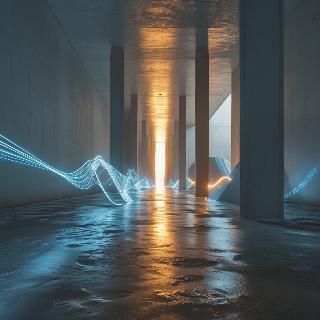 Abstrakte Langzeitbelichtungsfotografie von fließenden Lichtpfaden in einem dunklen architektonischen Raum, tiefe Blau- und Goldtöne, ruhige Bewegungslinien symbolisieren wissenschaftlichen Fortschritt und zeitlose Erkenntnis