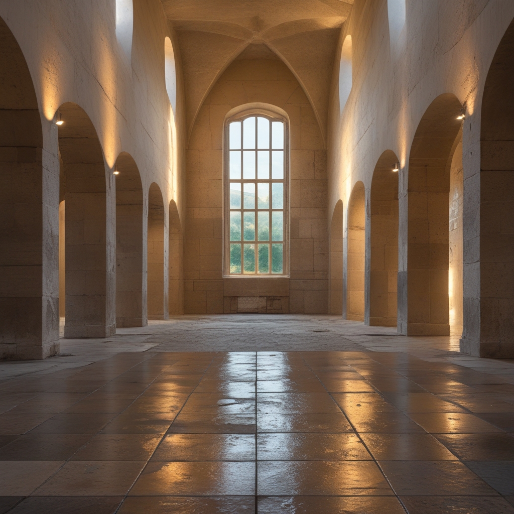 Stilvolle Architekturaufnahme eines symmetrischen Gewölbekorridors in einem historischen Gebäude, warmes gerichtetes Licht durch hohe Fenster, tiefe Schattenlinien auf dem Steinboden, Atmosphäre von Beständigkeit und fundiertem Wissen