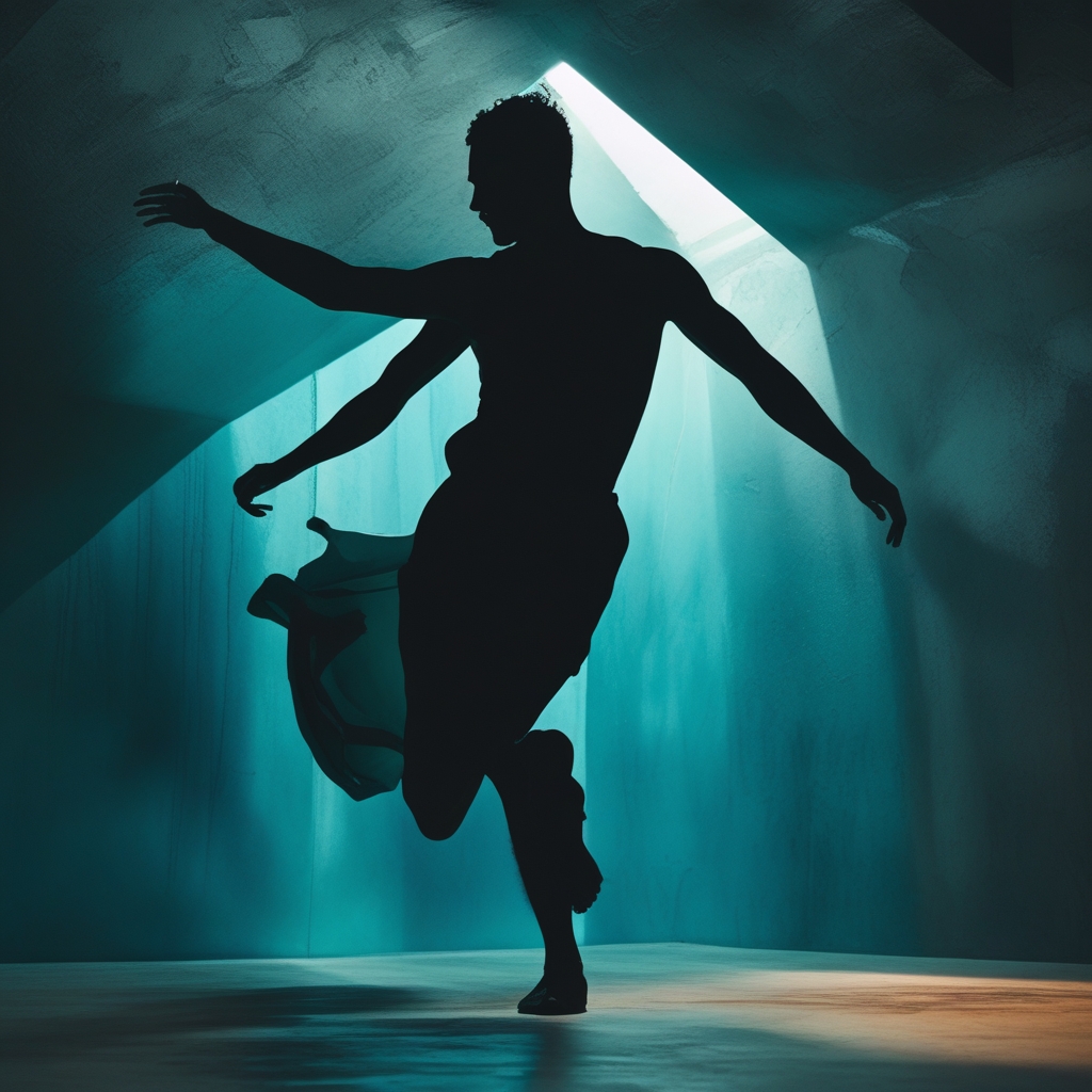 Kinematische Fotografie einer menschlichen Silhouette in fließender Bewegung, aufgenommen in einem dunklen Innenraum mit warm gerichtetem Seitenlicht, das Muskelkonturen und Gleichgewicht betont, tiefe Marineblau-Atmosphäre
