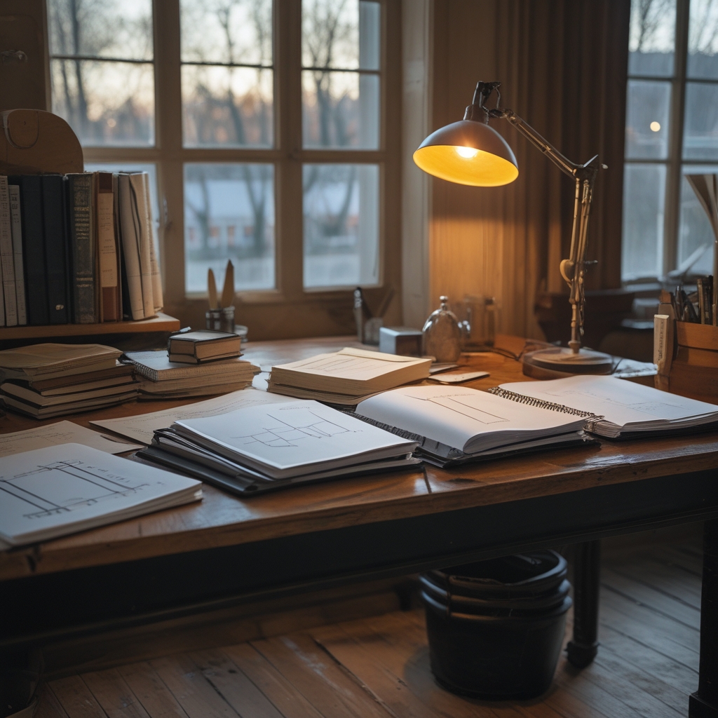 Draufsicht auf einen ordentlichen Forschertisch mit Notizbüchern, Lineal und geometrischen Diagrammen auf Papier, warmes Lampenlicht von der Seite, tiefe Schatten auf Holzoberfläche, analytische ruhige Arbeitsatmosphäre ohne digitale Geräte