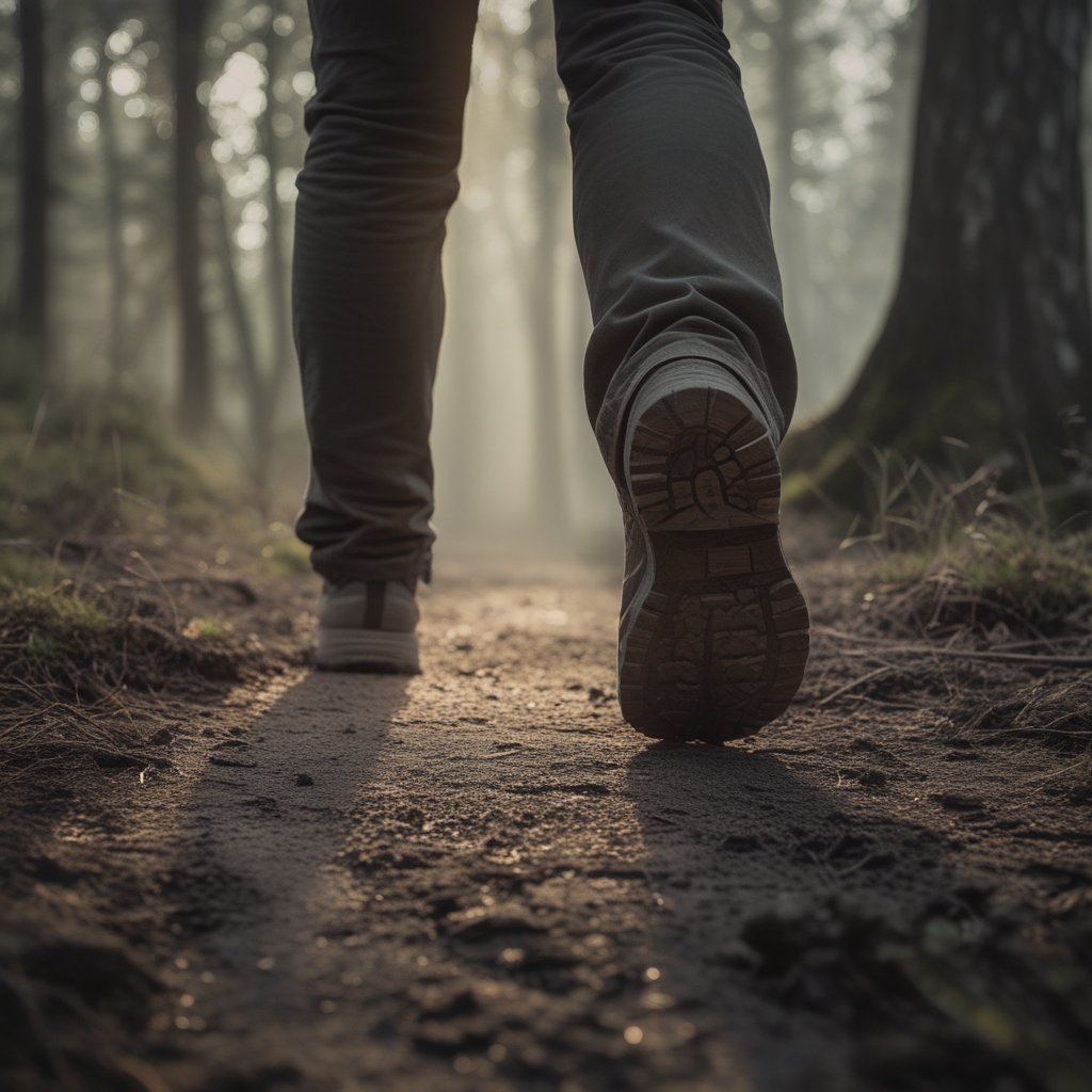Beine und Füße einer Person beim Gehen auf einem unebenen Naturpfad aus Kieseln und Erde, herbstliche Waldatmosphäre, tiefe Schatten und gefiltertes Licht zwischen Ästen, Fokus auf Bodenkontakt und Bewegungsrhythmus